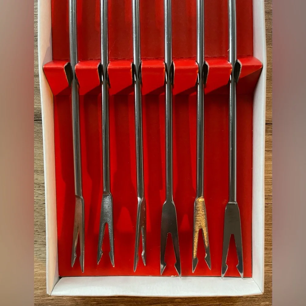 VINTAGE Fondue Stainless Steel Fork 6 Piece Set JAPAN Wood Handle Original Box